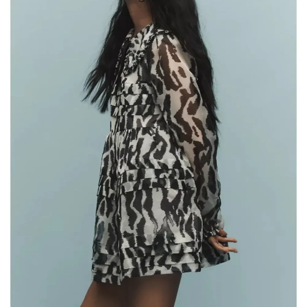 Anthropologie Maeve Long-Sleeve Collared Sheer Mini Dress in Black and White